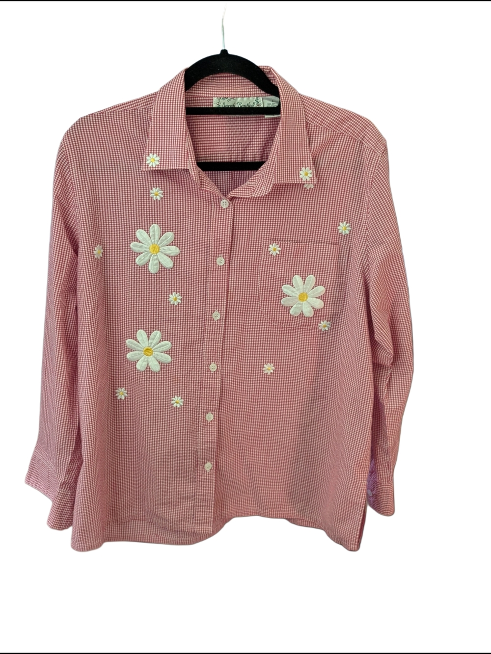 Vintage 90s Red Gingham Daisy Embroidered Button-Up Shirt Sarah Bentley